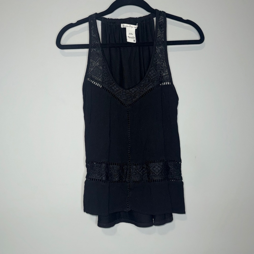American Rag Cie Black Crochet Lace Trim V-Neck Boho Tank Top Womens Medium